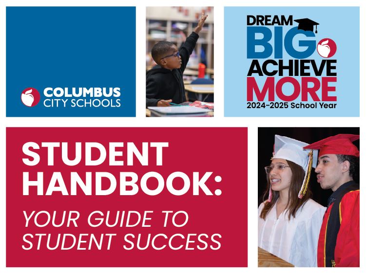 block images with bold colors and photos of students